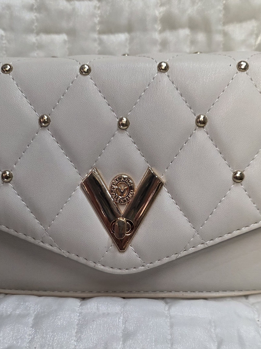Valentino Orlandi Cream Quilted Crossbody with Gold V-Emblem